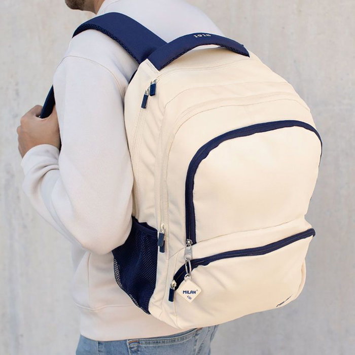 Milan Mochila scolaire 4 fermetures éclair série 1918 25 L beige et bleu marine