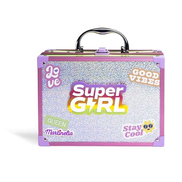 Martinelia Coffret de Maquillage Enfant Supergirl avec Miroir LED - 25x19x9 cm, Inclut Fards à Paupières, Vernis à Ongles, Brillants à Lèvres et Séparateur de Doigts