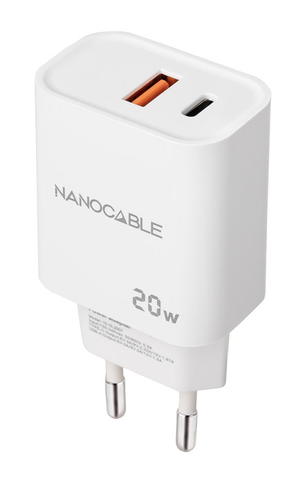 Nanocable Chargeur USB 20W USB-C PD + USB-A QC Blanc Nanocable Chargeur USB 20W USB-C PD + USB-A QC Blanc
