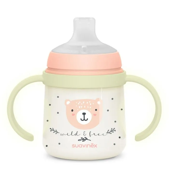 Suavinex Biberon Night&Day Wild&Free avec Anses et Bec en Silicone 150 ml - Rose - pour Bébés de 6 mois et plus