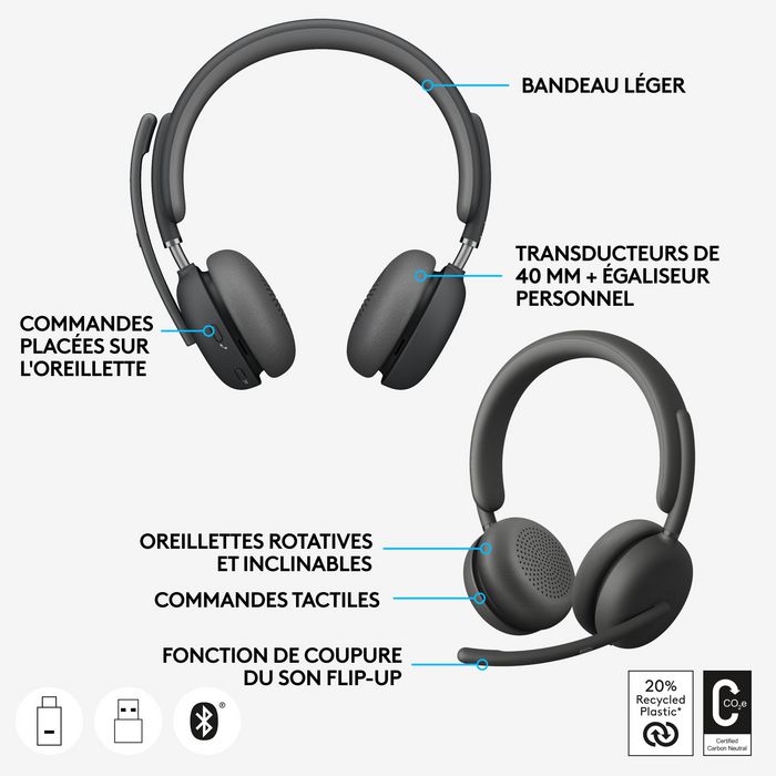 Logitech Zone Wireless 2 UC - Casque Bluetooth avec Réduction Active du Bruit et Récepteur USB-C - Graphite Logitech Zone Wireless 2 UC - Casque Bluetooth avec Réduction Active du Bruit et Récepteur USB-C - Graphite
