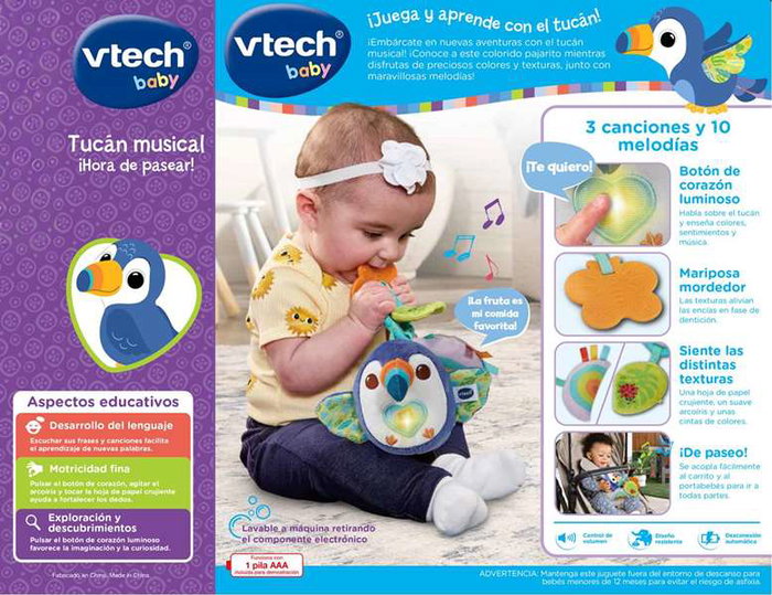 Vtech - Tucán musical en peluche Hora de pasear avec lumières, chansons et phrases amusantes pour bébé (3-36 mois) - Jouet d'éveil en espagnol