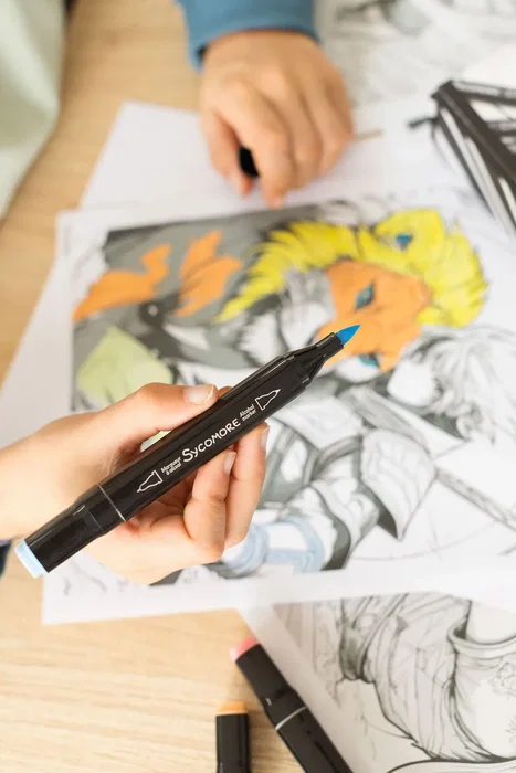 Sycomore - Coffret créatif Layout et marqueurs - Atelier manga Héro guerrier pour enfants dès 10 ans - 10 tableaux et 10 feutres