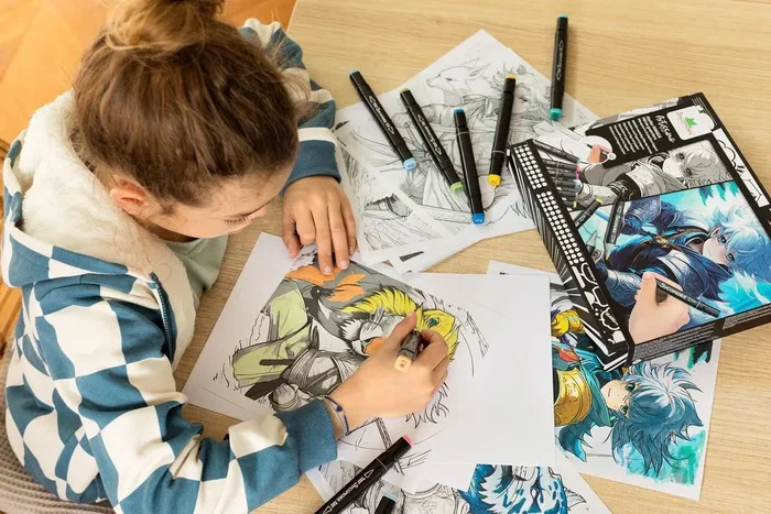 Sycomore - Coffret créatif Layout et marqueurs - Atelier manga Héro guerrier pour enfants dès 10 ans - 10 tableaux et 10 feutres