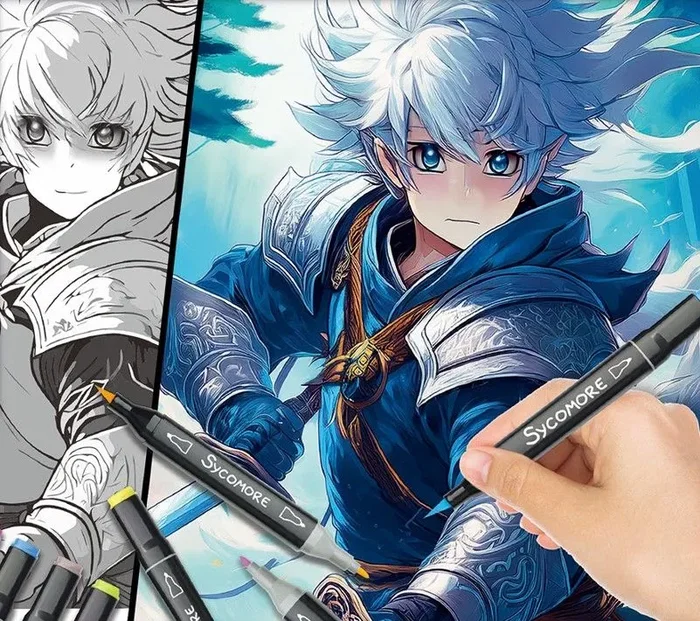 Sycomore - Coffret créatif Layout et marqueurs - Atelier manga Héro guerrier pour enfants dès 10 ans - 10 tableaux et 10 feutres