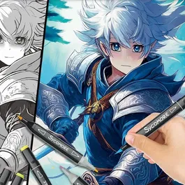 Sycomore - Coffret créatif Layout et marqueurs - Atelier manga Héro guerrier pour enfants dès 10 ans - 10 tableaux et 10 feutres