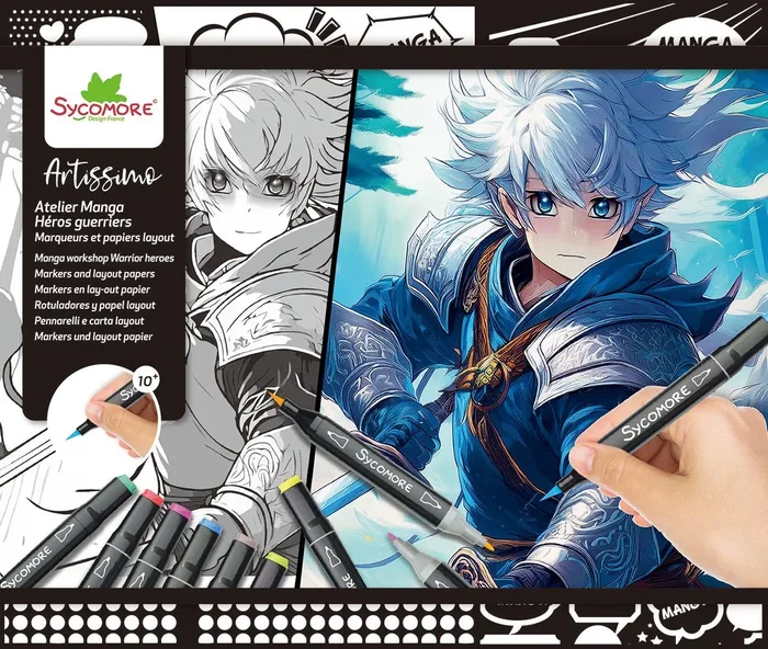 Sycomore - Coffret créatif Layout et marqueurs - Atelier manga Héro guerrier pour enfants dès 10 ans - 10 tableaux et 10 feutres