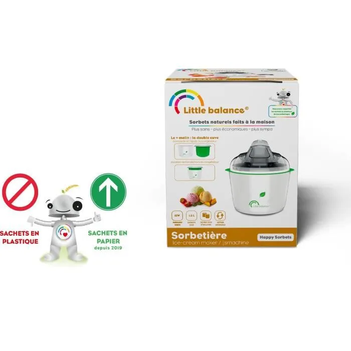 Little Balance Sorbetière LITTLE BALANCE 8234 - 1,5 L - Prépare sorbets et glaces en 30 min - 12 W - Cuve inox amovible avec livre de recettes Little Balance Sorbetière LITTLE BALANCE 8234 - 1,5 L - Prépare sorbets et glaces en 30 min - 12 W - Cuve inox amovible avec livre de recettes