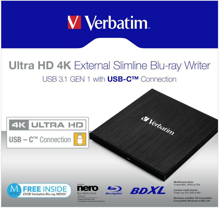 Verbatim Graveur Externe Blu-ray Ultra HD 4K Slimline avec Connexion USB 3.1 Gen 1 et USB-C