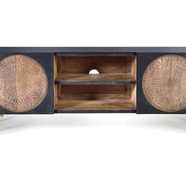 GINER Y COLOMER - Meuble TV en bois de manguier et métal, teinté noyer foncé, 145 x 56 x 40 cm, avec 2 portes, nécessite un montage