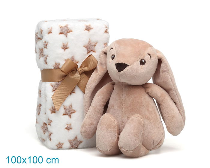 KioKids - Peluche lapin marron doudou avec couverture étoilée - Doudou de sécurité pour bébé 0 mois - Peluche 25 cm + Couverture 100x100 cm - Polyester KioKids - Peluche lapin marron doudou avec couverture étoilée - Doudou de sécurité pour bébé 0 mois - Peluche 25 cm + Couverture 100x100 cm - Polyester