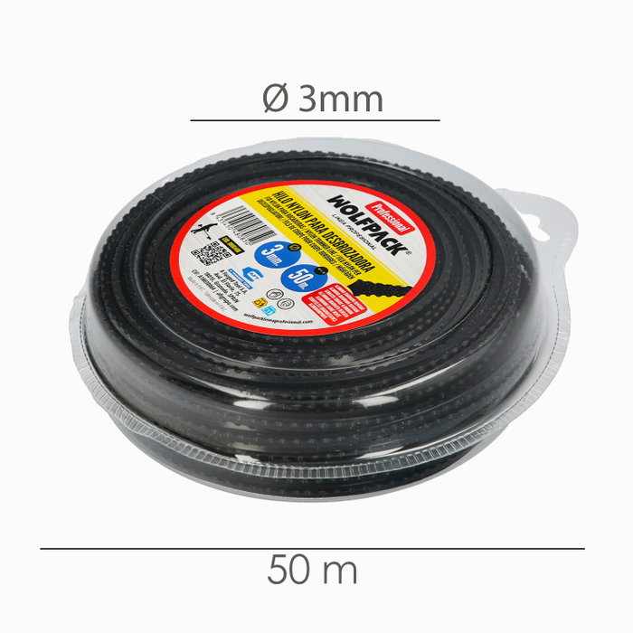 WOLFPACK LINEA PROFESIONAL Fil Nylon et Aluminium Dentelé Carré 3 mm x 50 m WOLFPACK LINEA PROFESIONAL Fil Nylon et Aluminium Dentelé Carré 3 mm x 50 m