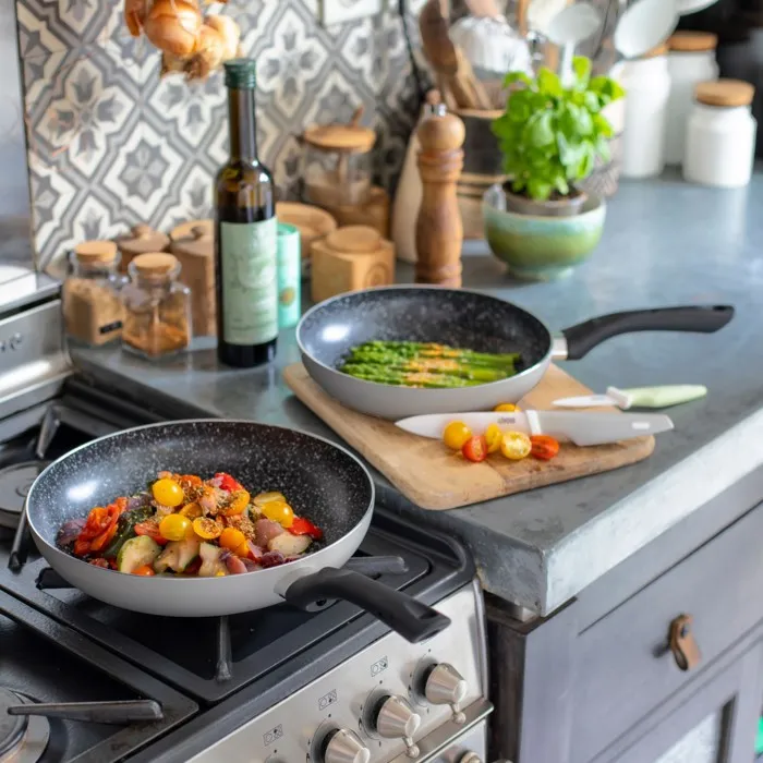 Livoo MEN124GR Set de 2 poêles aspect pierre 24 et 28 cm - Revêtement antiadhésif - Manche silicone - Compatible tous feux dont induction