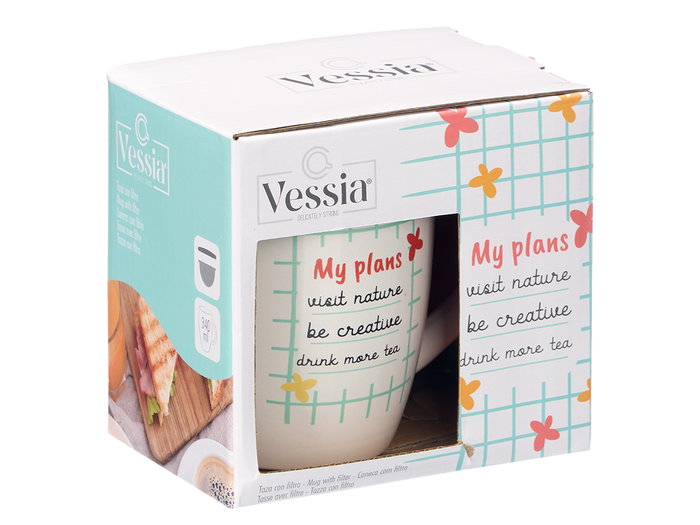 Vessia Tasse en Porcelaine Nature avec Filtre et Couvercle, Assortie, 340 ml, 12x10x8 cm (Set de 24)