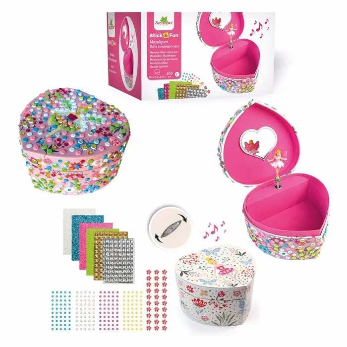 Sycomore Stick'N Fun 3D Mosaïques - Boîte à Musique Coeur Ballerine Fée - Coffret Loisir Créatif avec Mosaïques et Gems - Dès 5 ans