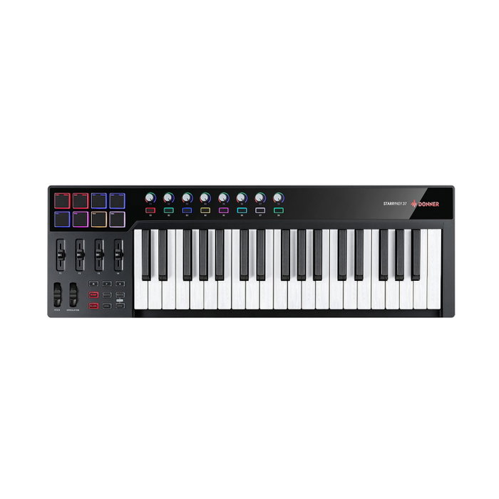 DONNER D-37 Clavier MIDI USB 37 touches, 8 encodeurs, 8 pads rétroéclairés, molette Pitch Bend, USB-C inclus DONNER D-37 Clavier MIDI USB 37 touches, 8 encodeurs, 8 pads rétroéclairés, molette Pitch Bend, USB-C inclus