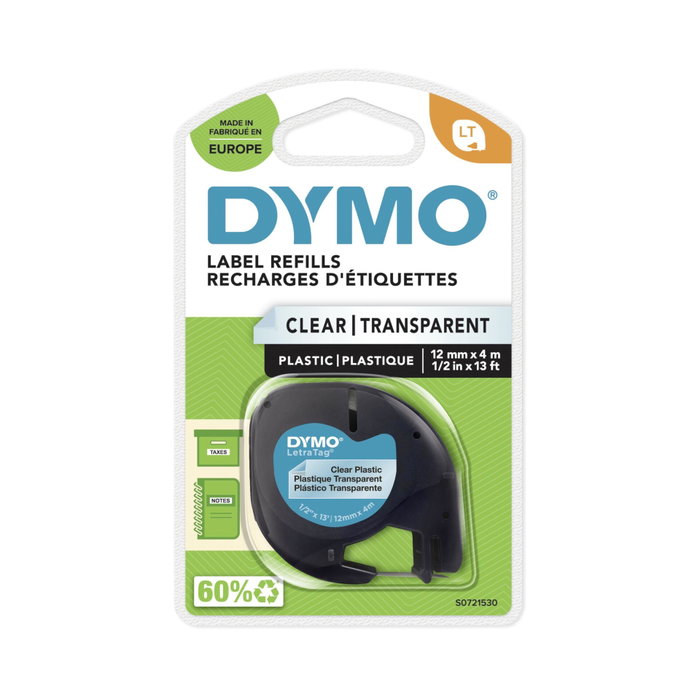 Dymo LetraTag Ruban d'étiquetage Plastique Transparent 12 mm x 4 m