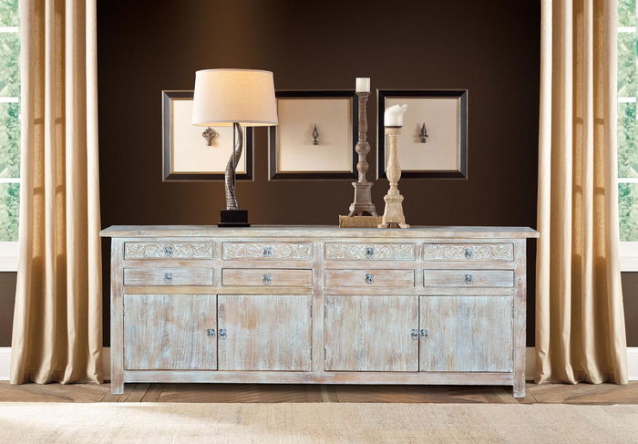 GINER Y COLOMER Buffet en Mango Blanc Doré 8 tiroirs 4 portes 200x100x44 cm