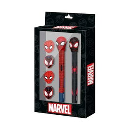 Marvel Set de fournitures scolaires Spiderman Peter Parker avec stylo à gel effaçable, crayon éternel et 4 gommes - Rouge 23x14x3,5 cm