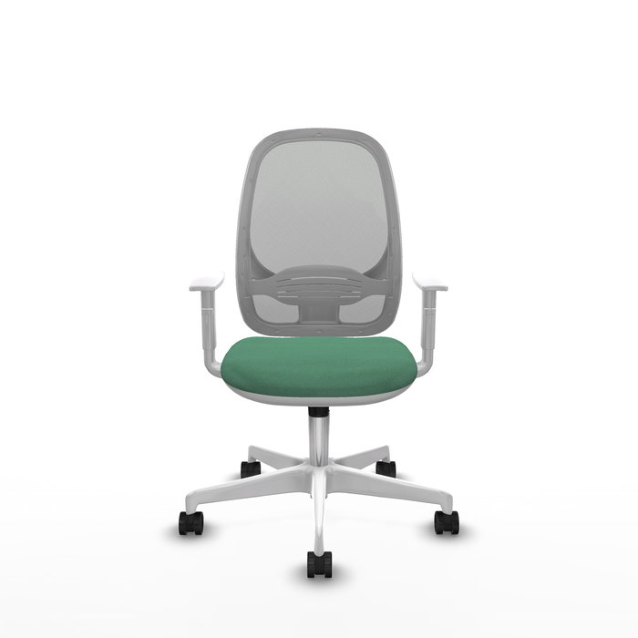 Chaise Cilanco Synchro 3 positions tissu Vert émeraude Maille Gris Structure polyamide blanc Accoudoirs blancs Sans appui-tête Roulettes 65mm nylon