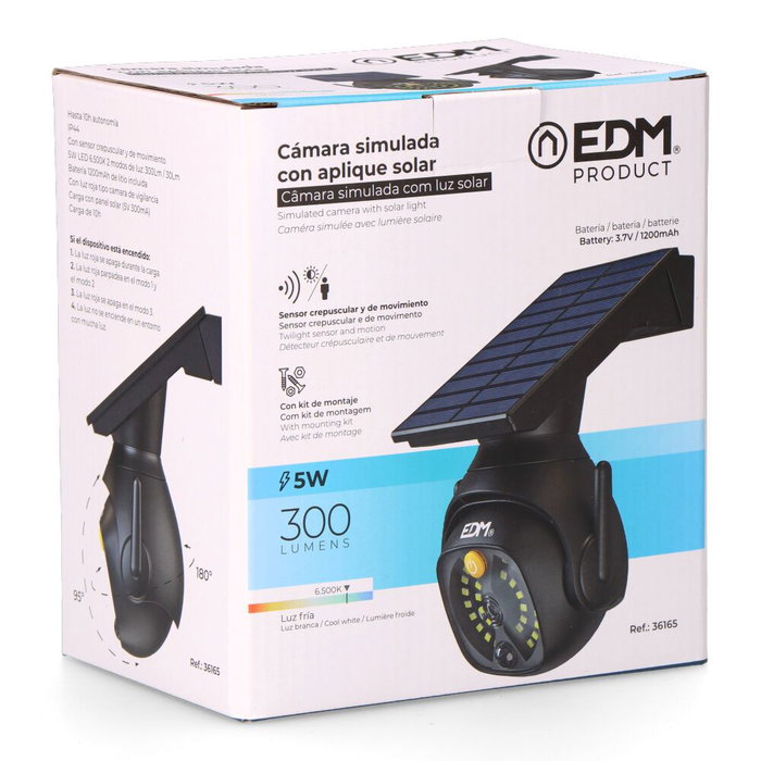 Edm Caméra de surveillance simulée solaire IP44 5W 6500K avec détecteur de mouvement et batterie 3,7V Noir Edm Caméra de surveillance simulée solaire IP44 5W 6500K avec détecteur de mouvement et batterie 3,7V Noir