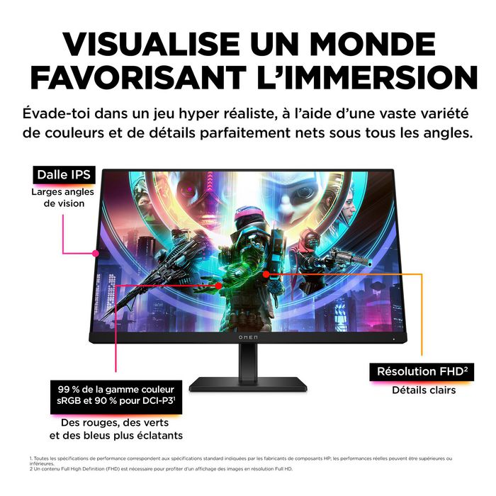 HP Omen - Écran PC Gaming 23.8 pouces / 60.5 cm - Résolution Full HD (1920 x 1080) - Dalle IPS - 165 Hz - 1 ms - AMD FreeSync Premium - Pied réglable