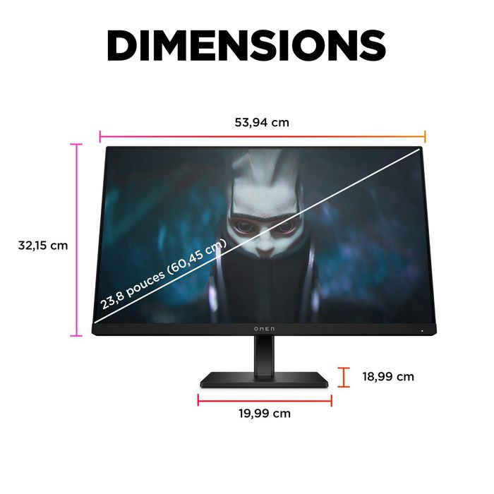 HP Omen - Écran PC Gaming 23.8 pouces / 60.5 cm - Résolution Full HD (1920 x 1080) - Dalle IPS - 165 Hz - 1 ms - AMD FreeSync Premium - Pied réglable