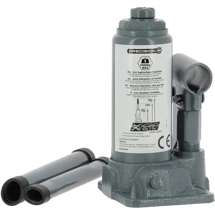 Precision Steel Cric Hydraulique Bouteille 2T 2000 kg - Hauteur de Levage 156-310 mm avec Vis de Réglage