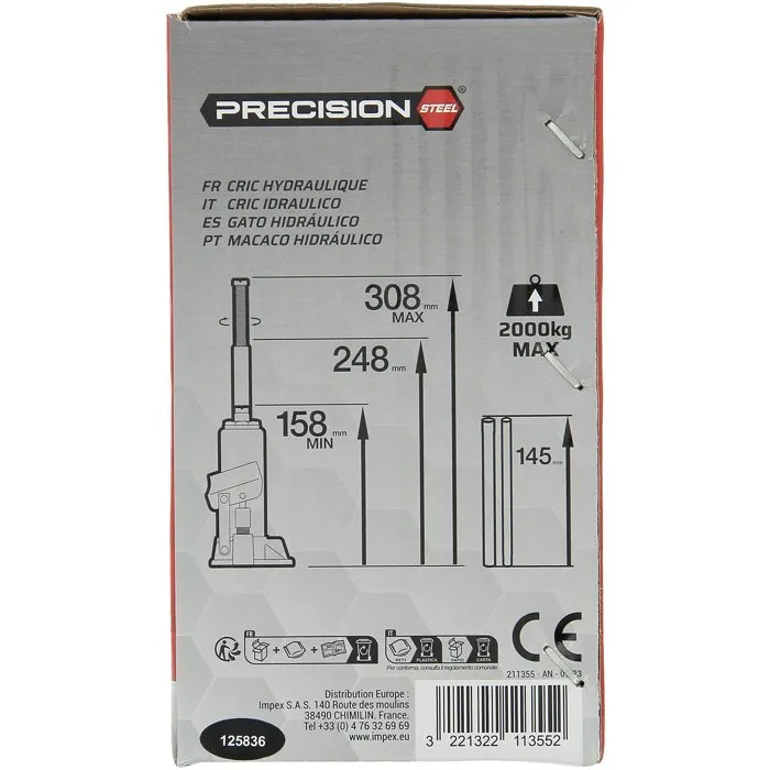 Precision Steel Cric Hydraulique Bouteille 2T 2000 kg - Hauteur de Levage 156-310 mm avec Vis de Réglage