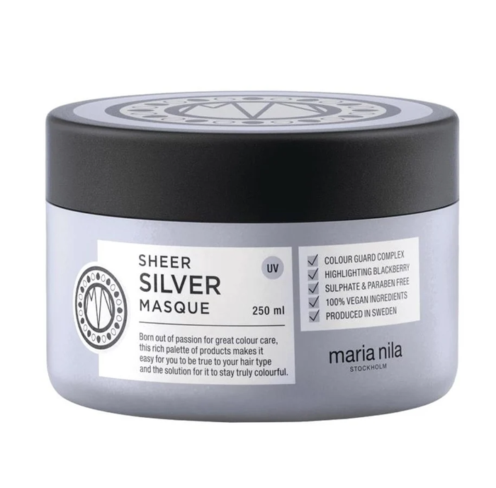 Maria Nila Sheer Silver Masque crème hydratant pour cheveux, traite et neutralise les reflets jaunes, sans parabènes, 250 ml Maria Nila Sheer Silver Masque crème hydratant pour cheveux, traite et neutralise les reflets jaunes, sans parabènes, 250 ml