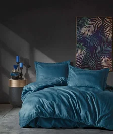 Parure de lit en satin de coton imprimé rayures Bleu, 140 x 200 cm