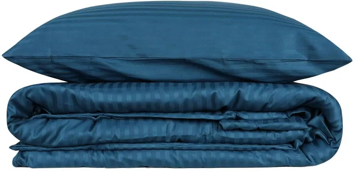 Parure de lit 1 place satin imprimé rayures bleu - Housse de couette 140 x 200 cm + 2 taies d'oreiller 60 x 60 cm