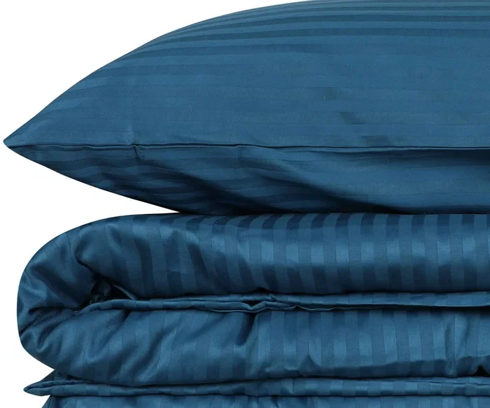 Parure de lit 1 place satin imprimé rayures bleu - Housse de couette 140 x 200 cm + 2 taies d'oreiller 60 x 60 cm