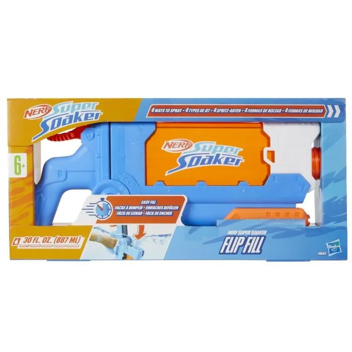 Nerf Super Soaker Flip Fill - Pistolet à eau enfant 4 styles de jet, capacité 887 mL, remplissage rapide, jouet pour enfants dès 6 ans