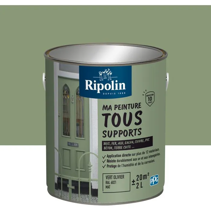 Ripolin Peinture Multi-Supports 2L, Mat, Vert Olive RAL 6021 - Pour Bois, Métal, Béton, PVC - Résistante aux UV et Intempéries