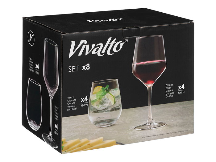 Vivalto Set de 8 Verres 480 ml et Coupes 620 ml, Transparent 30x26x21 cm (Set de 2) Vivalto Set de 8 Verres 480 ml et Coupes 620 ml, Transparent 30x26x21 cm (Set de 2)