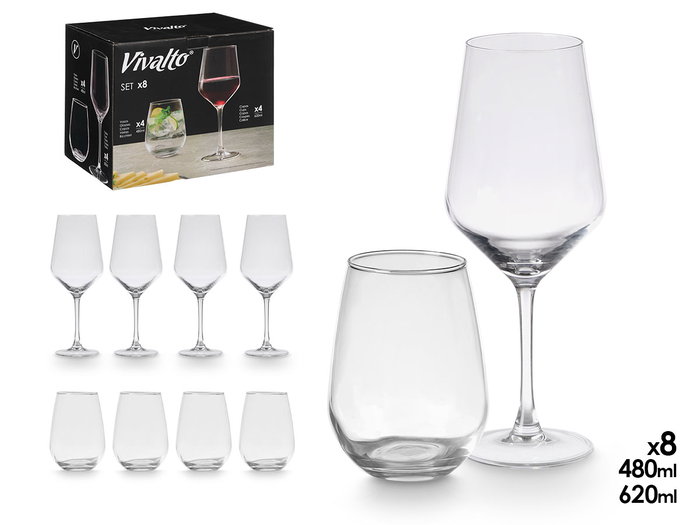 Vivalto Set de 8 Verres 480 ml et Coupes 620 ml, Transparent 30x26x21 cm (Set de 2) Vivalto Set de 8 Verres 480 ml et Coupes 620 ml, Transparent 30x26x21 cm (Set de 2)