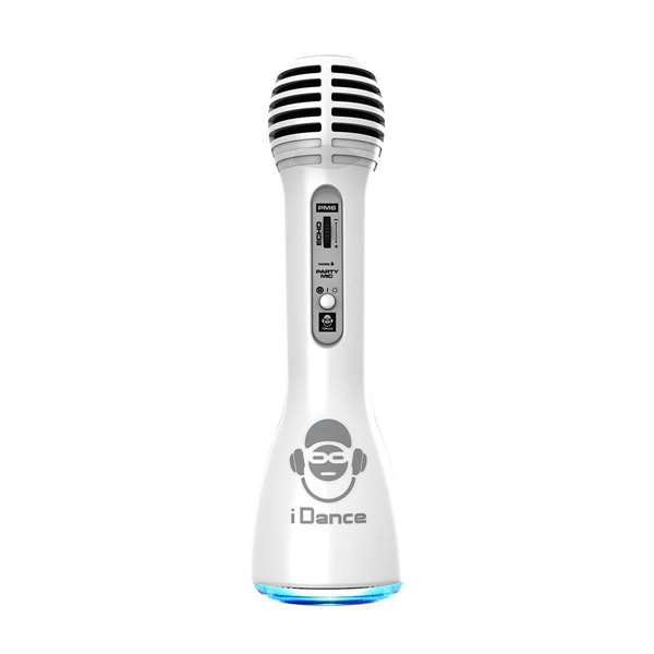 iDance Microphone sans fil avec karaoke, jeu de chant et éclairages LED, batterie lithium incluse, dimensions 22 x 6,5 cm, couleur blanc