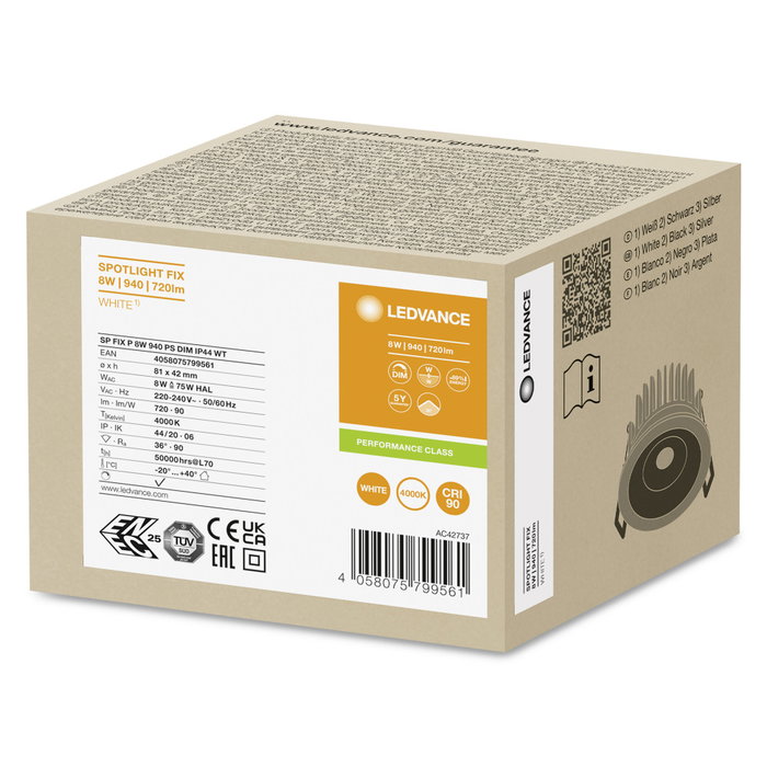 LEDVANCE Foco LED encastrable 8W 720Lm 4000K 36º IP44/IP20 Regulable