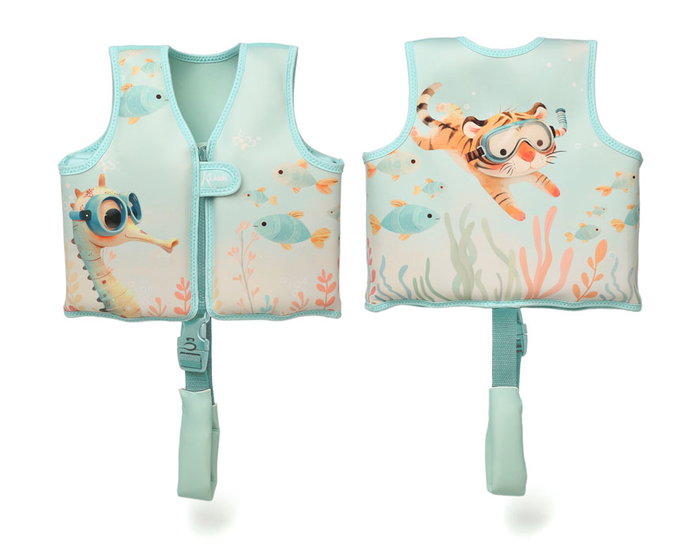 KioKids Gilet de Flottaison pour Bébé et Enfant 15-19 kg 2-3 Ans - Océan Dreams - Mint - Neoprène avec Corchos Amovibles et Fermeture Sécurisée
