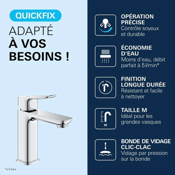 GROHE DICE Mitigeur de lavabo taille M, vidage clic-clac, chrome - Technologie SilkMove, cartouche céramique, économie d'eau, 5 l/min