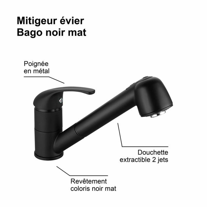Edouard Rousseau BAGO Mitigeur évier de cuisine Noir mat avec douchette extractible Edouard Rousseau BAGO Mitigeur évier de cuisine Noir mat avec douchette extractible