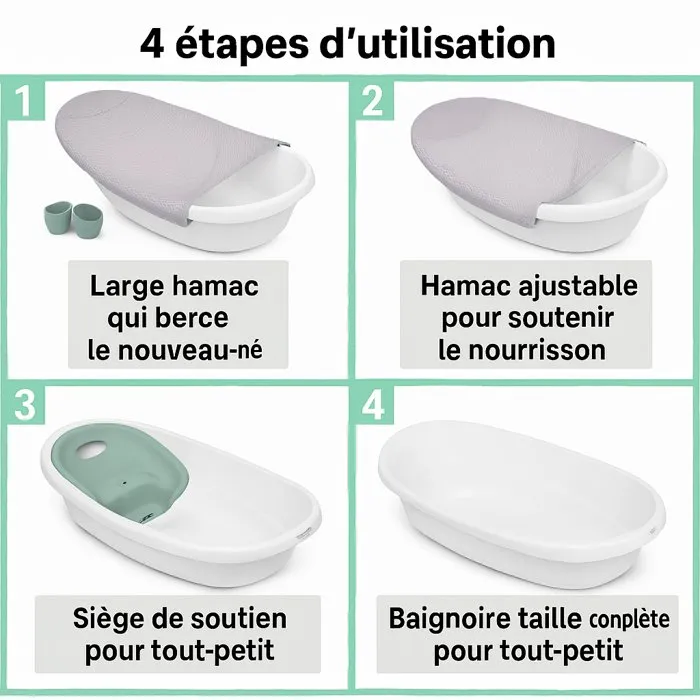 Ingenuity Baignoire bébé évolutive 4 en 1 'Room to Soak' extra-large avec transat hamac lavable et support siège de maintien 0-24 mois, bouchon de vidange