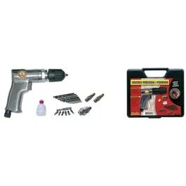 Mecafer Perceuse dévisseuse pneumatique avec coffret, mandrin auto-serrant 10mm, 10 forets HSS, 6 embouts de vissage, accessoires