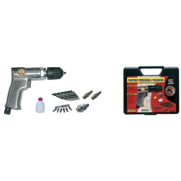 Mecafer Perceuse dévisseuse pneumatique avec coffret, mandrin auto-serrant 10mm, 10 forets HSS, 6 embouts de vissage, accessoires