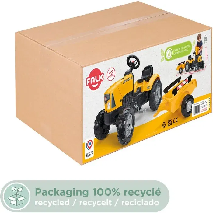 FALK SuperBuilder - Tracteur à pédales pour enfants 2 à 5 ans avec capot ouvrant et remorque - Jouet de plein air en plastique recyclé fabriqué en France