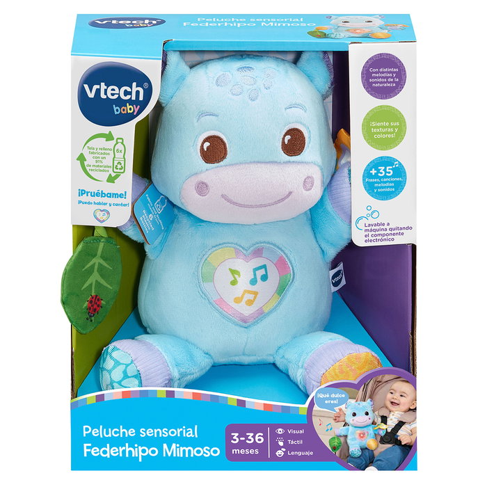 V-Tech Peluche sensorielle Federhipo Mimoso 80-577722 avec textures douces, lumières, mélodies et sons pour le développement des bébés de 3 mois et plus
