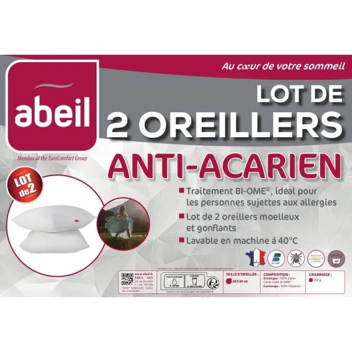 Abeil Lot de 2 Oreillers Anti-Acariens Biome 60 x 60 cm, 100% Coton Traité Oeko-Tex, Moelleux et Gonflant