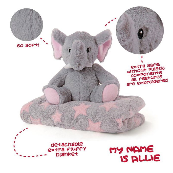 PERLETTI Peluche et Manta Douce Éléphant Allie - Peluche 22 cm, Manta 120x80 cm - Peluche Doudou avec Couverture