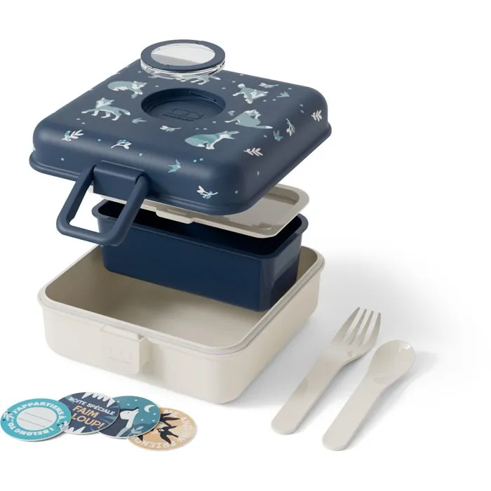 Monbento - Lunch Box Snacky Wolf 850 ml pour Enfant, Boîte à Sandwich et Goûter avec Couverts et 4 Vignettes Incluses, Sans BPA